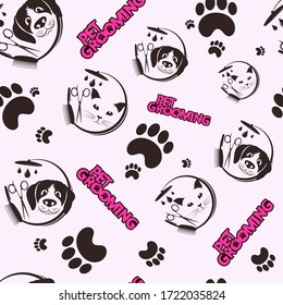 Pet grooming and washing seamless pattern background