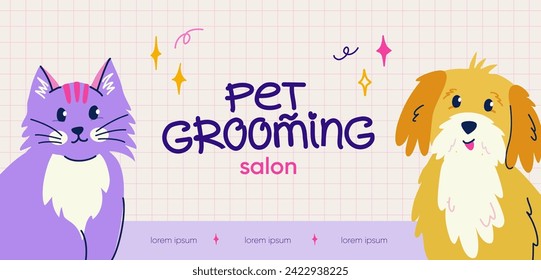 Pet grooming website banner design. Cute cat and dog in flat trendy style. Vector template with handwritten typography 