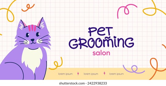 Pet grooming website banner design. Cute purple cat in flat trendy style. Vector template with handwritten typography 