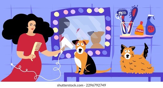 Pet Hair Salon. Professional barber grooming dog. Woman caring of pet fur - cutting and brushing fur. Cute puppy at Groomer Salon. Cut wool, drying.  Vector illustration 