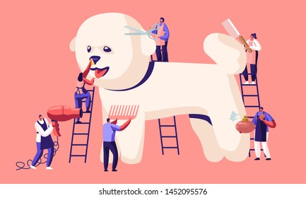 Pet Hair Salon, Styling And Grooming Shop, Pet Store For Dogs. Tine Characters On Ladders Care Of Cute Puppy At Groomer Salon, Cut Wool, Brushing Comb, Perfume, Drying Cartoon Flat Vector Illustration