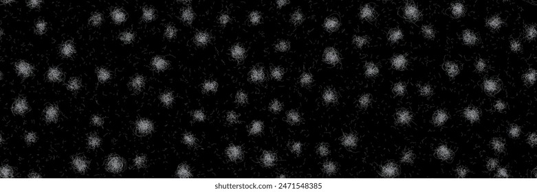 Pet hairballs and loose lint in a seamless pattern on black fabric. Texture of white animal fur on a dark bg. Close-up of pet hair on clothing. Traces of rabbit or dog shedding on textiles