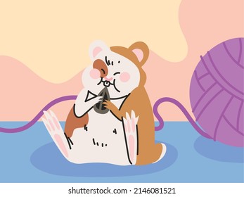 pet hamster with wool ball and food