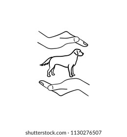 Pet hand drawn outline doodle icon. Dog with human arms around as pets care and protection concept. Vector sketch illustration for print, web, mobile and infographics on white background.