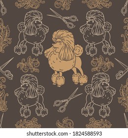 Pet hare care theme hand drawn outline illustrations. Seamless pattern with vector dog and scissors icons