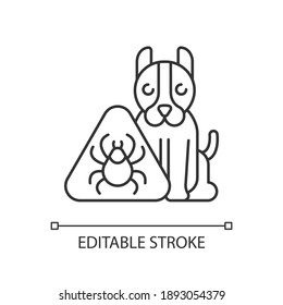 Pet hazards linear icon. Household dangers for animals. Fleas and ticks. Bugs on dogs. Thin line customizable illustration. Contour symbol. Vector isolated outline drawing. Editable stroke