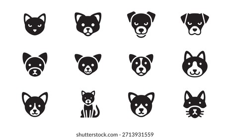 Conjunto vetorial de ícones de cabeça de animal. Cão gato animal face silhueta estilo minimalista. Doméstico bonito filhote filhote ilustração isolada em preto e branco. Elemento de design gráfico.