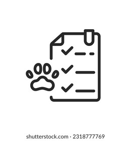 Pet Health Check List Icon. Vector Outline Editable Sign of Veterinary Care Checklist with Paw Print, Animal Health Monitoring  and Control Concept