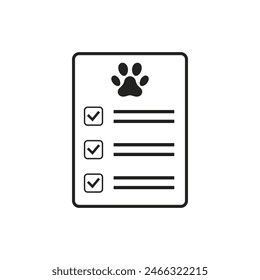 Pet Health Check List icon. Vector isolated Veterinary Care Checklist with Paw Print.