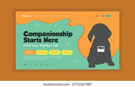 Pet healthcare, grooming, food shop, website landing page user interface design, and pet adopt website homepage hero section design template