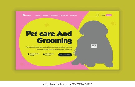 Pet healthcare, grooming, food shop, website landing page user interface design, and pet adopt website homepage hero section design template