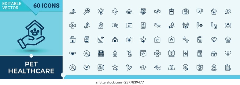 Pet Healthcare icon set. Containing nurse, on, care, kit, grooming, bone, vet and more. Simple line vector. Editable vector outline and solid icons.