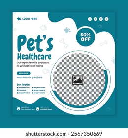 Pet Healthcare Social Media Post and Animal Healthcare Center services online Post Square Flyer Design Template, pet care clinic services web banner design