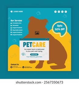 Pet Healthcare Social Media Post and Animal Healthcare Center services online Post Square Flyer Design Template, pet care clinic services web banner design