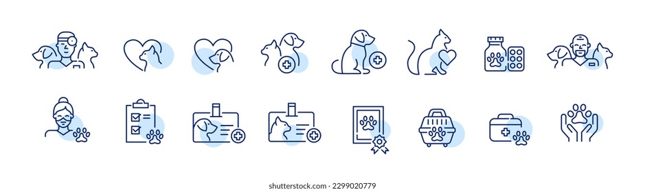 Pet healthcare. Veterinary clinic. Pixel perfect, editable stroke line icons set