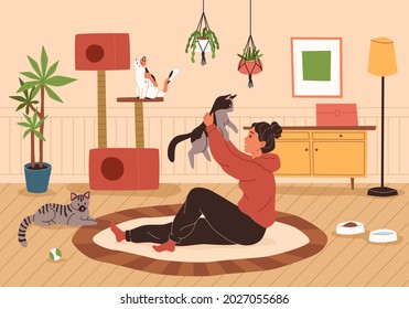 Pet at home. Young woman with different cats at cozy home interior, smiling owner with happy kittens, girl cares and plays with pets. Cute domestic animals modern cartoon vector concept