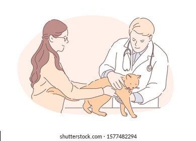 Pet hospital, vet clinic, animal treatment concept. Male veterinarian with stethoscope checking cat health, woman bring kitten to feline doctor, professional medical service. Simple flat vector