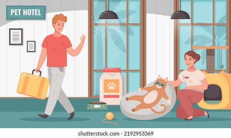 Pet hotel cartoon background with owner of cat leaving his pet in care of hotel employee flat vector illustration