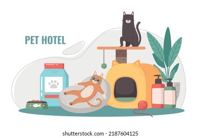 Pet hotel cartoon composition with medical and cleaning items and domestic animals enjoying comfort life vector illustration