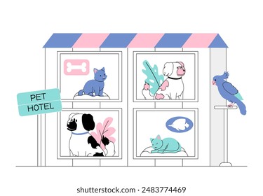 Pet hotel concept. Building with cat, dog and parrot. Home for domestic animals. Care and support, volunteering and charity. Linear vector illustration isolated on white background