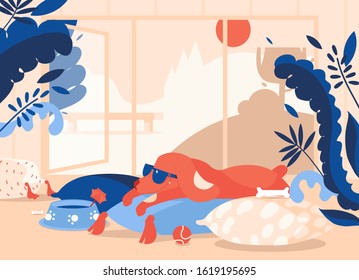 Pet hotel concept scene. Vector flat dog sleeping on pillows in sunglasses. Large window, greenery and puppy toys drawn in vibrant blue and orange colors