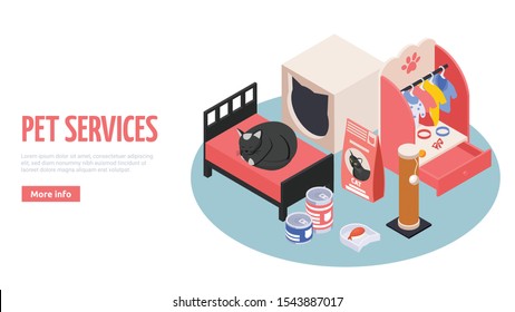 Pet hotel day care services web landing page  with cats bed food playground isometric composition vector illustration