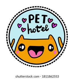 Pet hotel hand drawn vector illustration in cartoon doodle style orange cat logo