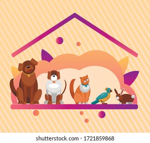 Pet hotel and pet house for pets and animals. Adopt center. Dog,little dog,cat,parrot and rabbit. Happy and colourful vector illustration isolated on white concept.