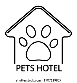 Pet hotel, logo design template. Logotype of pets hotel in outline style. Symbol of dog or cat home with icon of paw inside, isolated on white background. Vector