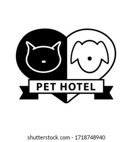 Pet hotel related logo. Template with text layout in ribbon and dog and cat icons in a heart. Black and white graphics. Simple minimalist style. Vector stock illustration.