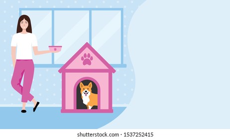 pet hotel vector illustration landing page dog sitter and corgi in doghouse copy space
