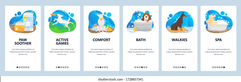 Pet hotel website and mobile app onboarding screens. Menu banner vector template for web site and application development. Dog and cat comfortable accommodation with bath, spa, active games for pets. svg