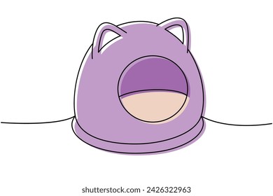 Pet house, cat bed, cushion pillow sleep one line colored continuous drawing. Animals accessories, pet toy supplies continuous one line illustration.