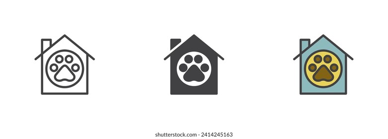 Pet house different style icon set. Line, glyph and filled outline colorful version, outline and filled vector sign. Animal home symbol, logo illustration. Vector graphics