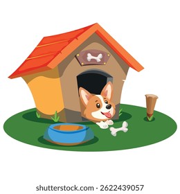 A pet house and a dog in a doghouse playing with a bone. Vector drawing on a white background.