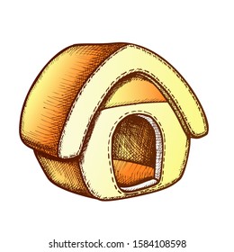 Pet House For Domestic Animal Monochrome Vector. Relaxation And Comfortable House For Dog Or Cat. Fashion Accessory Home Engraving Template Hand Drawn In Vintage Style Color Illustration