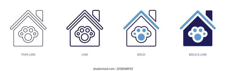 Ícone da casa do animal de estimação em 4 estilos diferentes. Linha fina, Linha, Negrito e Linha Negrito. Estilo duotônico. Traçado editável.