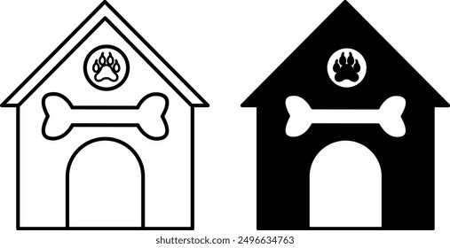 Pet House Icons. Black and White Vector Icons. Dog House with Paw and Bone. The place for Pet to Sleep