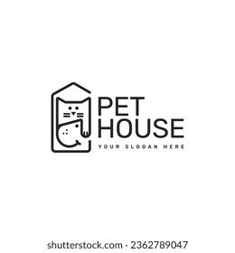 Pet house line logo concept with dog and cat. Vector logo design for pet shop, pet hotel, veterinarian clinic. Dog and cat icon. Pets illustration