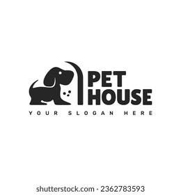 Pet house logo concept with dog and cat. Vector logo design for pet shop, pet hotel, veterinarian clinic. Dog and cat icon. Pets illustration