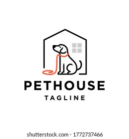 Pet House Logo Design Illustration With Sitting Dog Wearing Lash Outline Line Icon