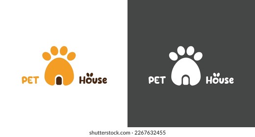 Pet house logo design illustration. Simple and minimalist flat concept of a dog paw and a door shadow silhouette. A vector symbol of a pet house. Useful in the pet house business. 