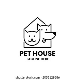 Plantilla de diseño del logotipo de Pet House. Plantilla de diseño del logotipo de un refugio para mascotas o de una clínica veterinaria. Resumen de perro, gato y casa en contorno. Ilustración vectorial de material.