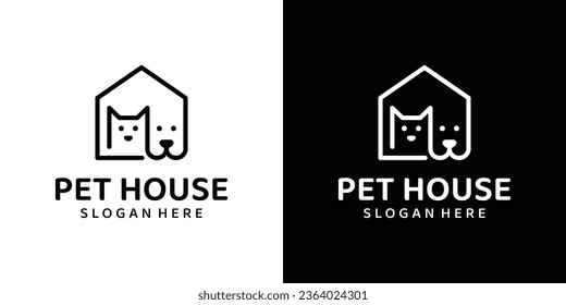 Pet house logo design template. Dog and cat with house line art design graphic vector illustration. Symbol, icon, creative.