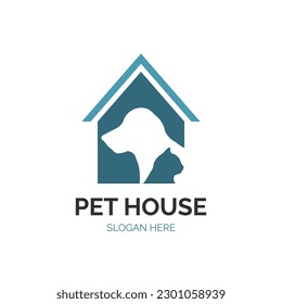 PET HOUSE LOGO WITH DOG AND CAT ICON IN SILHOUETTE