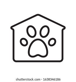 Pet house with paw print icon. Linear logo. Black simple illustration. Contour isolated vector image on white background. Symbol for dog or cat home packaging design