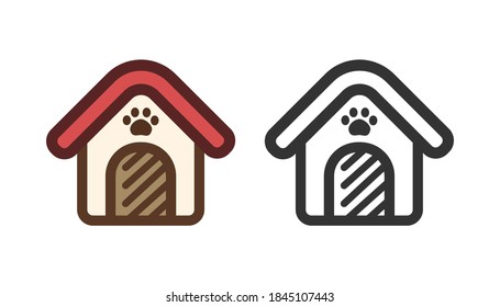 Pet house with paw sign and red roof and outline icon logo design set. Simple modern minimal flat vector cartoon illustration.