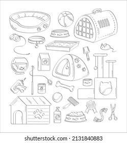 Pet icon care accessory. Vector hand draw pet toys, bed, food, carrier, supplies, snacks, aquarium. Cartoon products for cat and dog. Domestic animals infographic concept for vet store, shop, grooming