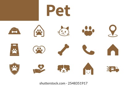 Icono de mascota. Colección de íconos de tiendas de mascotas, alimentos, huellas de patas, perros y gatos, servicio de transporte de mascotas.