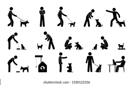 Pet Icon, Man Pictogram With Dog, Cat, Animal Care And Training Illustration